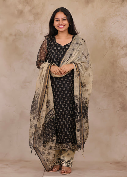 Black Handblock printed kota 3 piece suit (stitched)