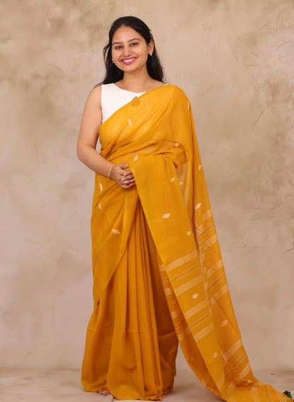 Mustard Malai Cotton Saree with Butta Weaving | Looms & Tassels