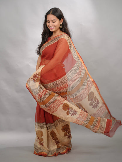 Maroon Pure Kota Doria Saree with Bagru Handblock Prints | Looms & Tassels
