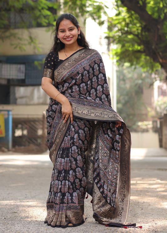 Ajrakh Dola Silk Saree