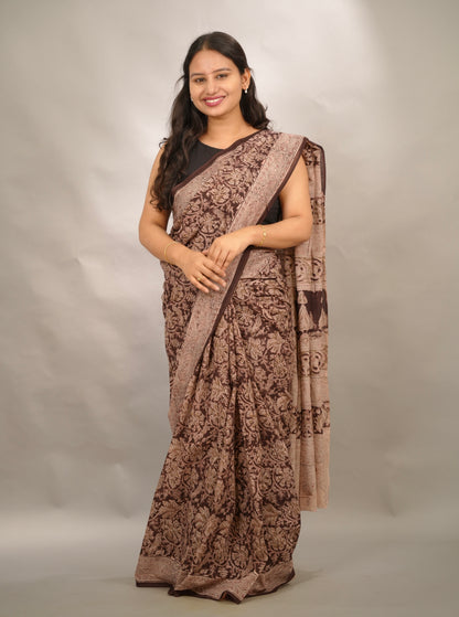Maroon Hand Block Printed Kalamkari Cotton Saree | Looms & Tassels