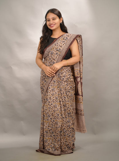 Cream Hand Block Printed Kalamkari Cotton Saree | Looms & Tassels