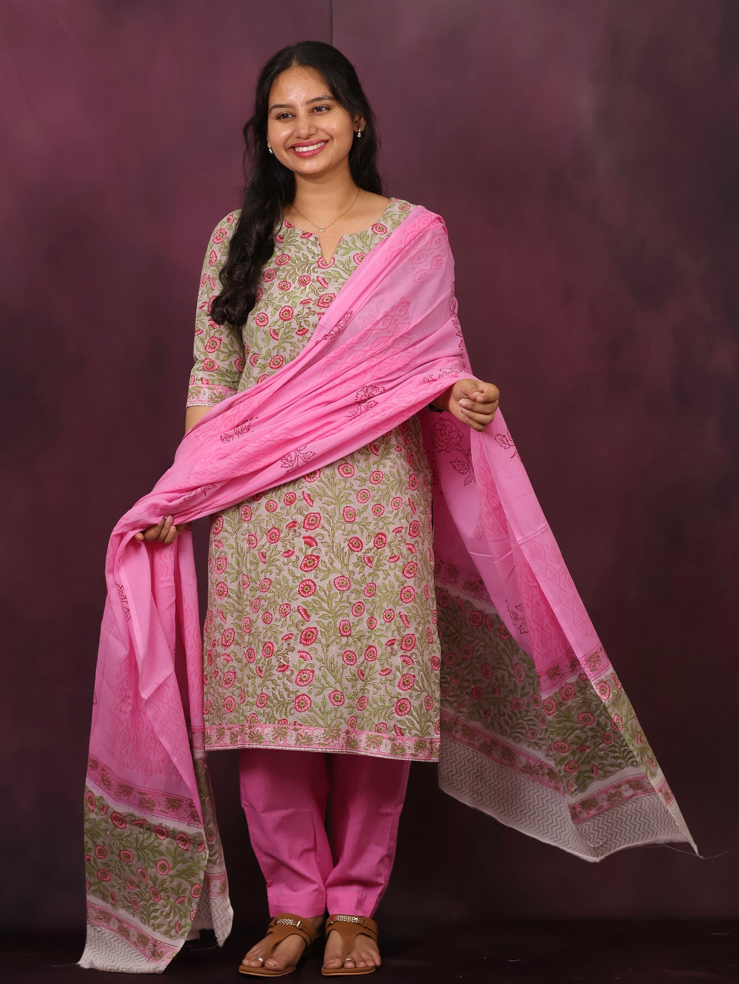 Grey & Pink Handblock printed Pure Mul Cotton with Mul Cotton Duppata 3 piece suit (stitched)