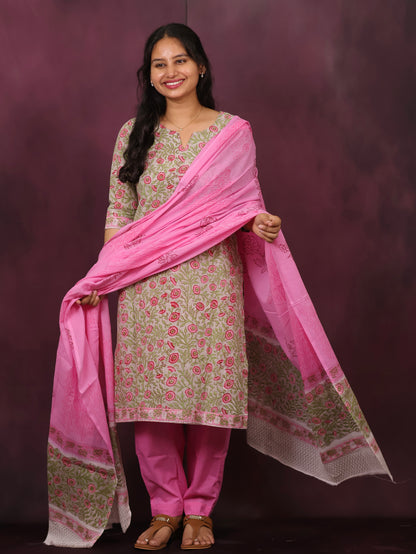 Grey & Pink Handblock printed Pure Mul Cotton with Mul Cotton Duppata 3 piece suit (stitched)