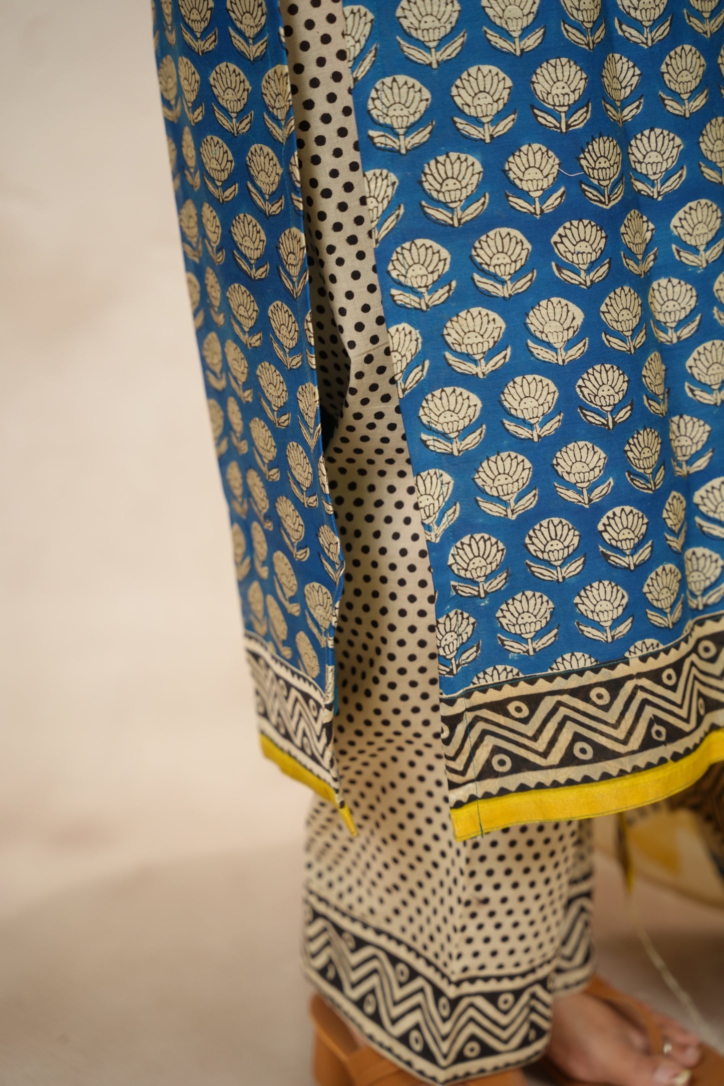 Blue Handblock printed Pure Chenderi Silk 3 piece suit (stitched) |  Looms & Tassels