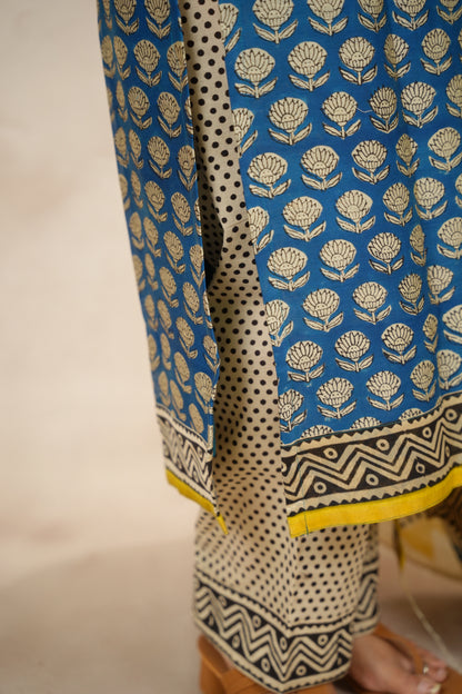 Blue Handblock printed Pure Chenderi Silk 3 piece suit (stitched) |  Looms & Tassels