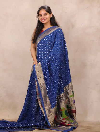 Blue Handcrafted Bandhani Paithani Dola Silk Saree | Looms & Tassels