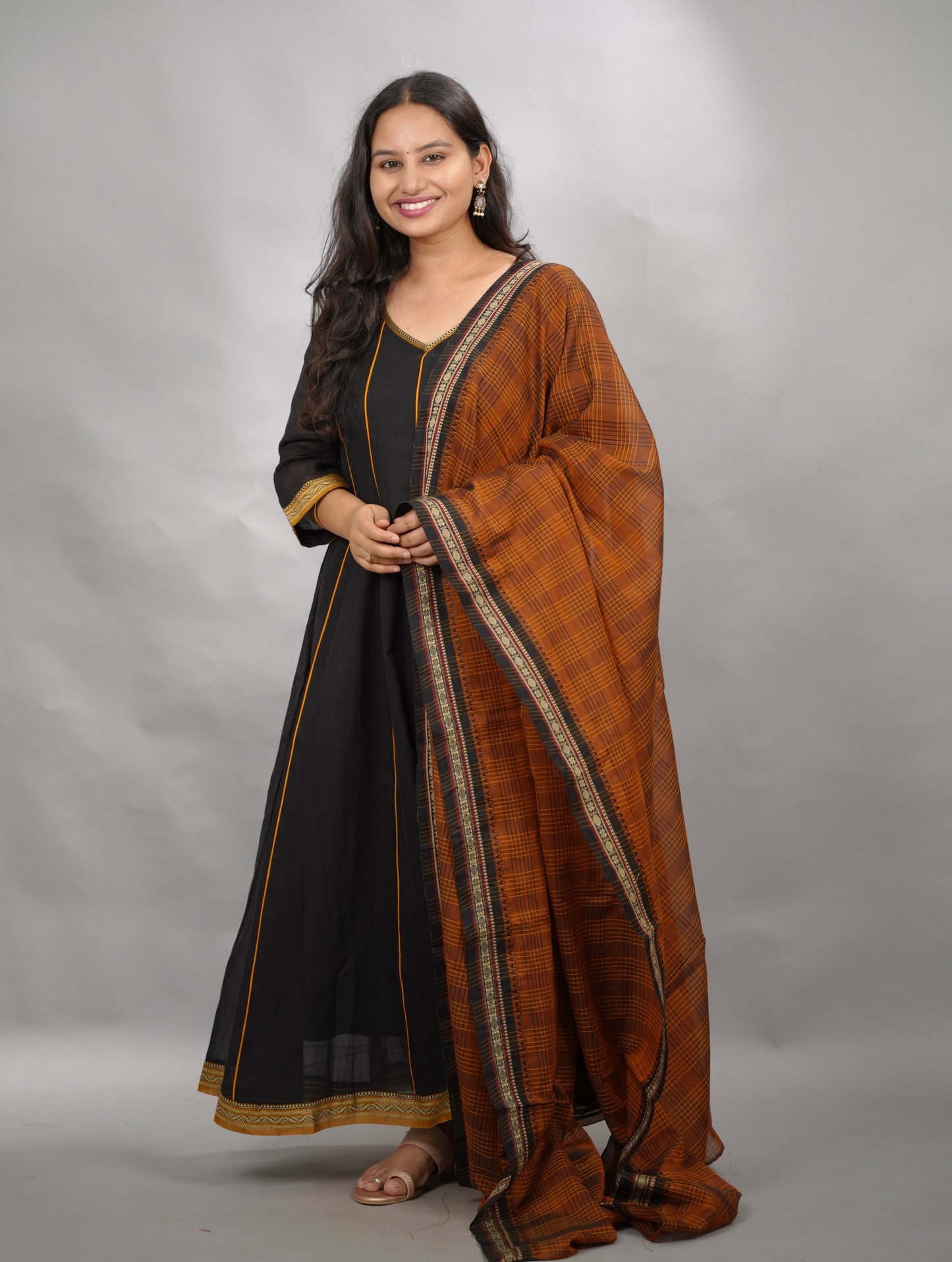 Black Narayanpet Cotton Anarkali Dress with Narayanpet Dupatta | Looms & Tassels