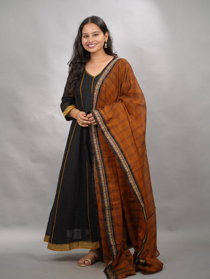 Black Narayanpet Cotton Anarkali Dress with Narayanpet Dupatta | Looms & Tassels