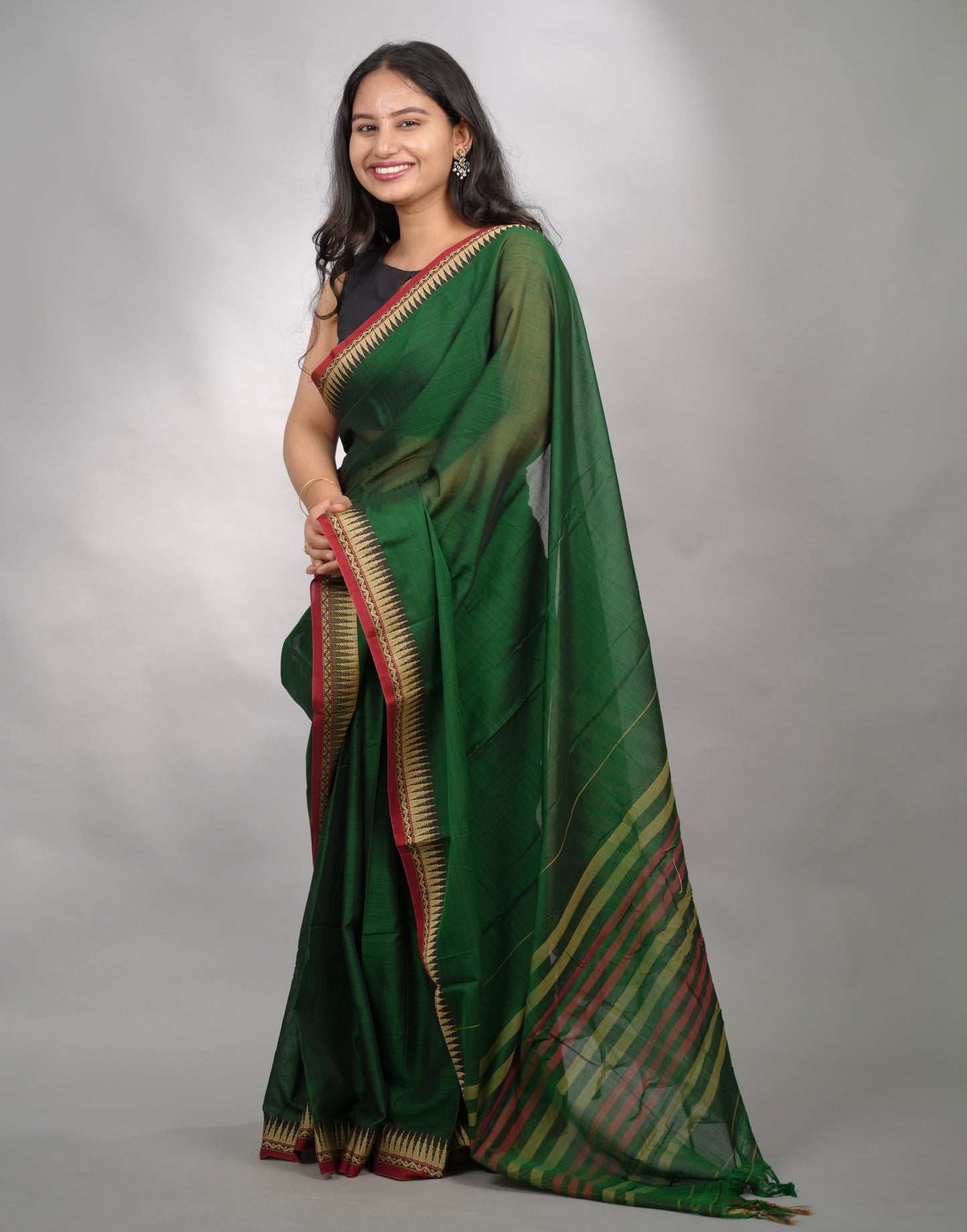 Bottle Green Narayanpet Cotton Saree With Temple Border | Looms & Tassels