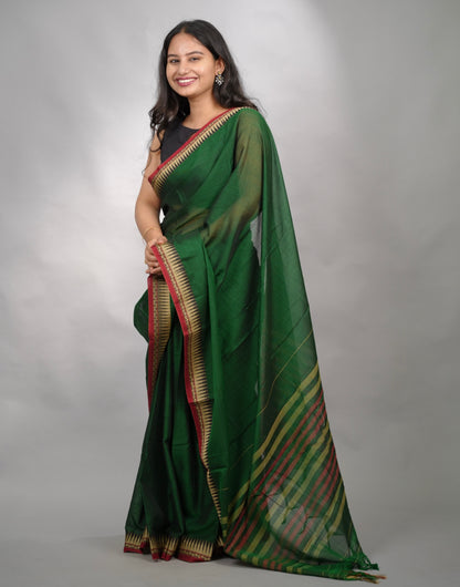 Bottle Green Narayanpet Cotton Saree With Temple Border | Looms & Tassels