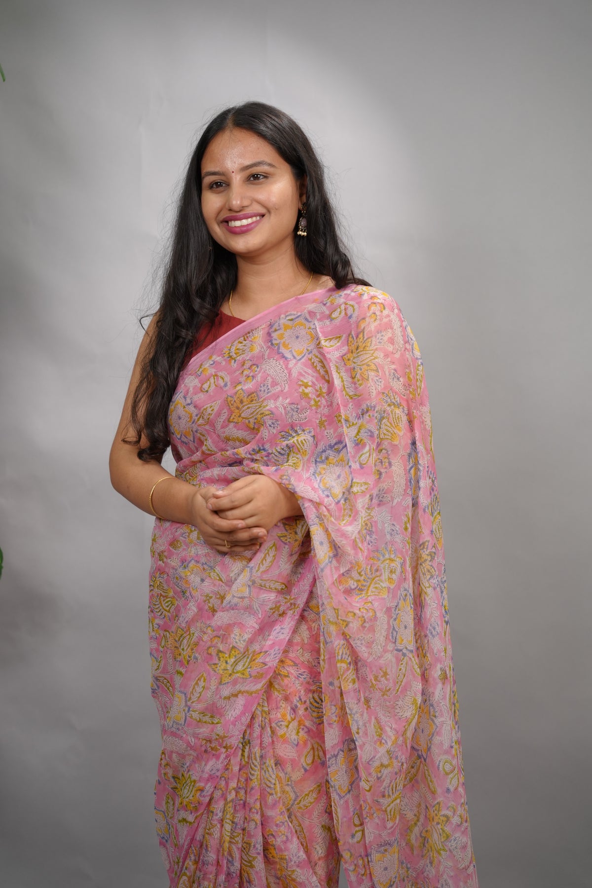 Pastel Pink Chiffon Hand Block Printed Saree | Looms & Tassels