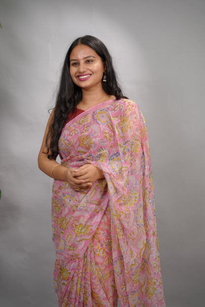 Pastel Pink Chiffon Hand Block Printed Saree | Looms & Tassels