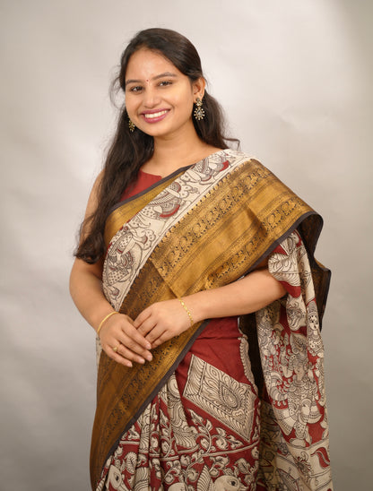 Red Kanchi border Kalamkari chennur silk saree| Looms & Tassels