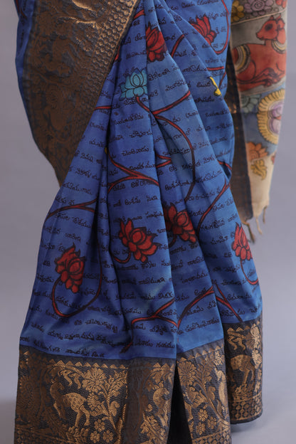 Blue Hand Painted Pen Kalamkari Silk Saree