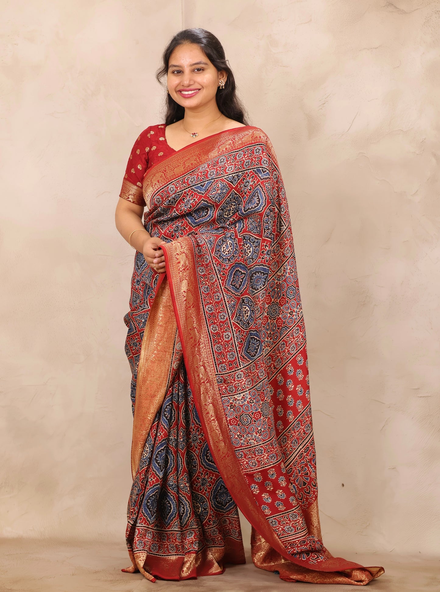 Red Badam Butta Ajrakh Handblock printed Dola Silk Saree | Looms & Tassels
