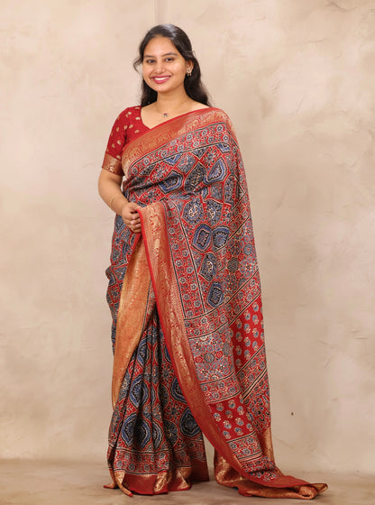 Red Badam Butta Ajrakh Handblock printed Dola Silk Saree | Looms & Tassels