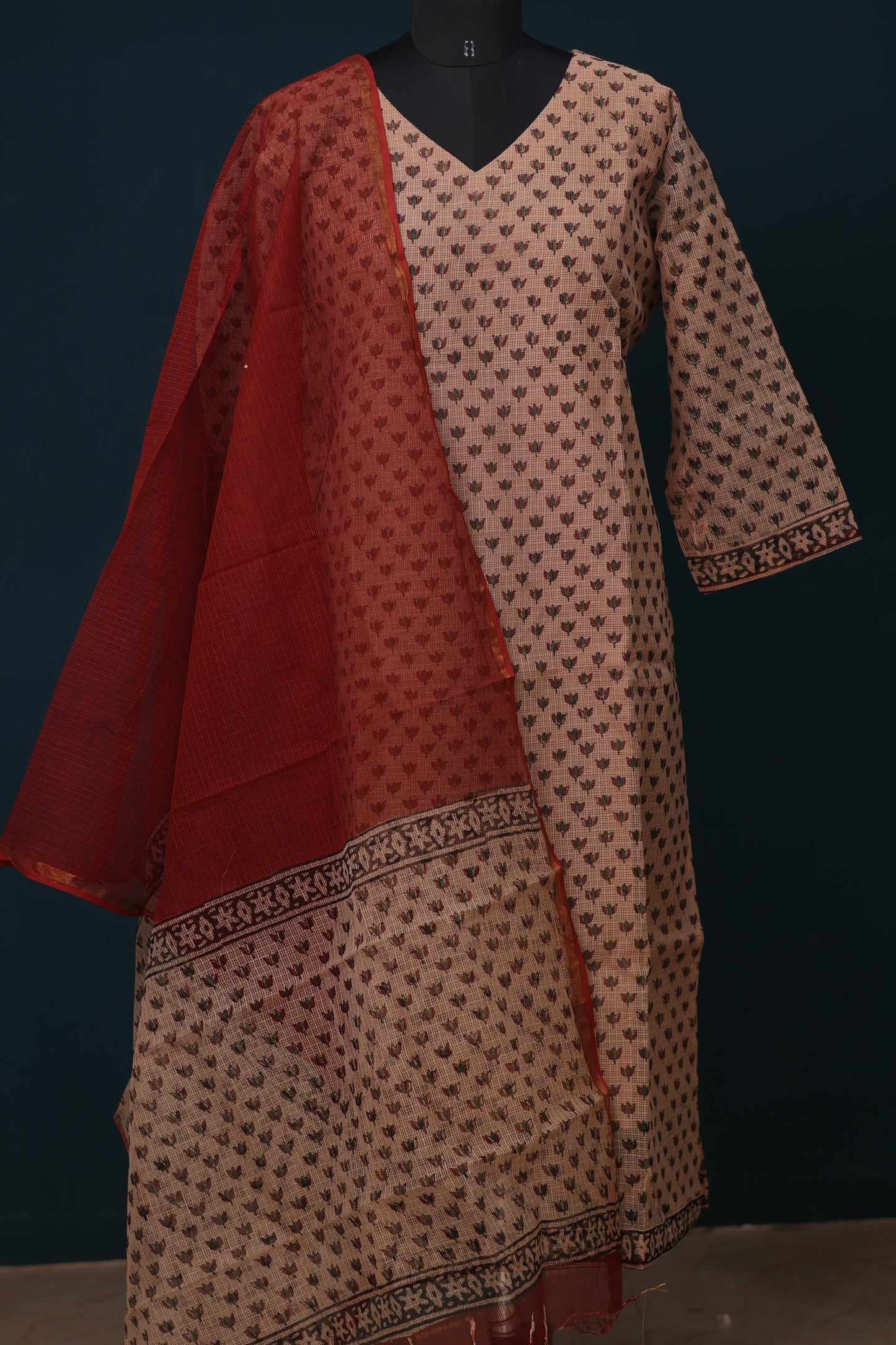 Cream Handblock printed kota 3 piece suit (stitched)