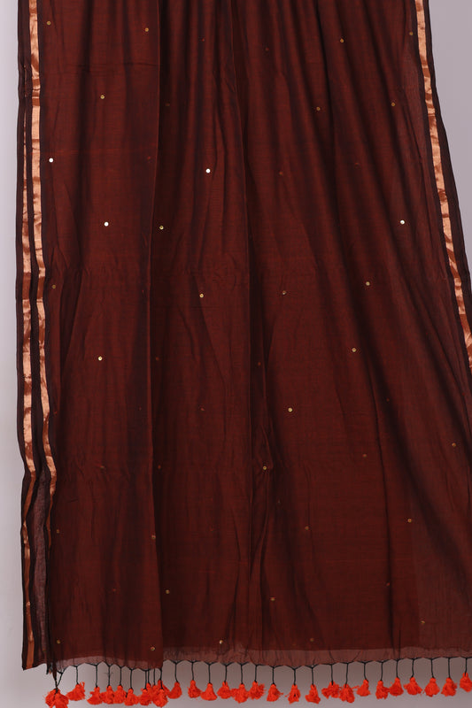 Brown Pure Handwoven Malai Cotton Saree with Sequence Work