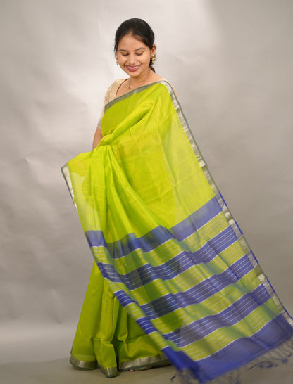 Parrot Green & Blue Handloom Mangalagiri Silk Saree| Looms & Tassels