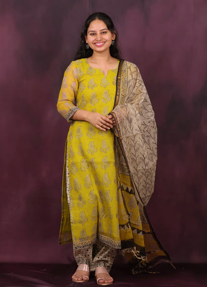 Yellow Handblock printed kota 3 piece suit (stitched)