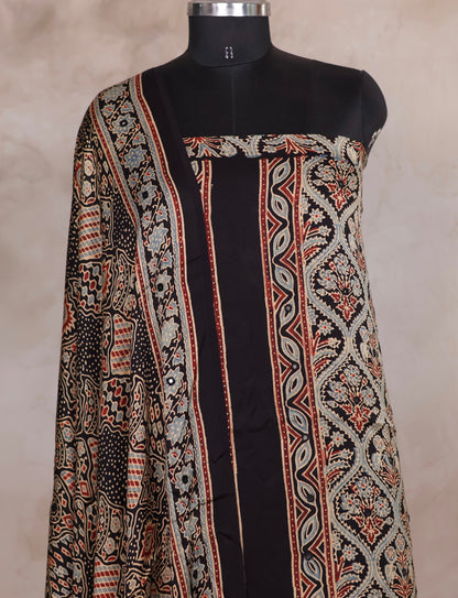 Mirror Work Black Ajrakh Handblock Printed Modal Silk 2 Piece Suit Set | Looms & Tassels