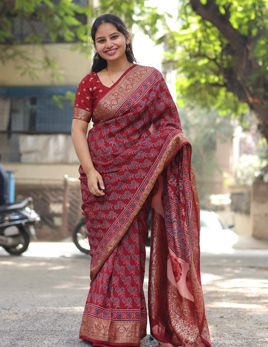 Maroon butta Ajrakh Dola Silk Saree