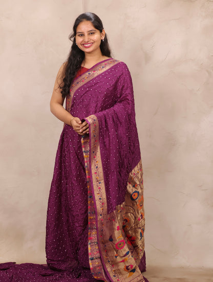 Magenta Handcrafted Bandhani Paithani Dola Silk Saree | Looms & Tassels