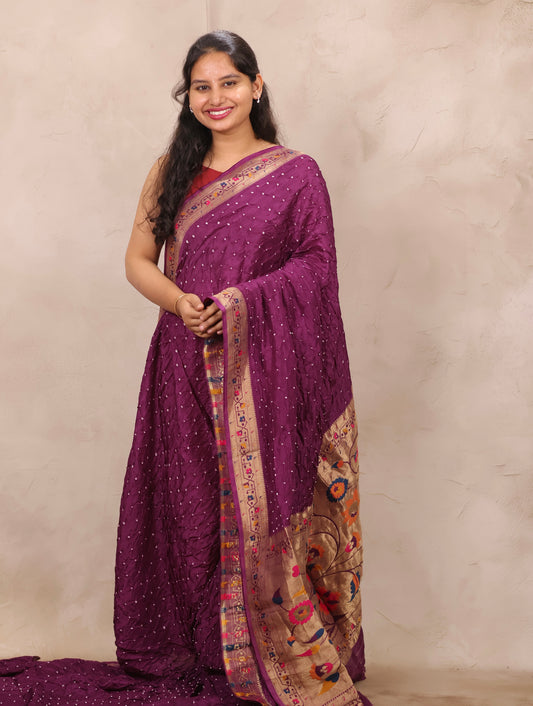 Magenta Handcrafted Bandhani Paithani Dola Silk Saree | Looms & Tassels