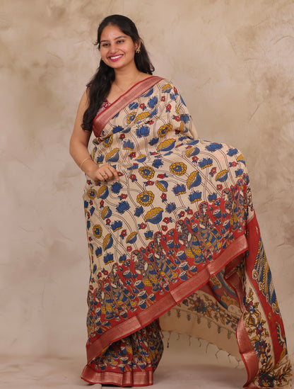 Cream Lotus Story Telling Kalamkari Nizam Border Chennur Silk Saree | Looms & Tassels