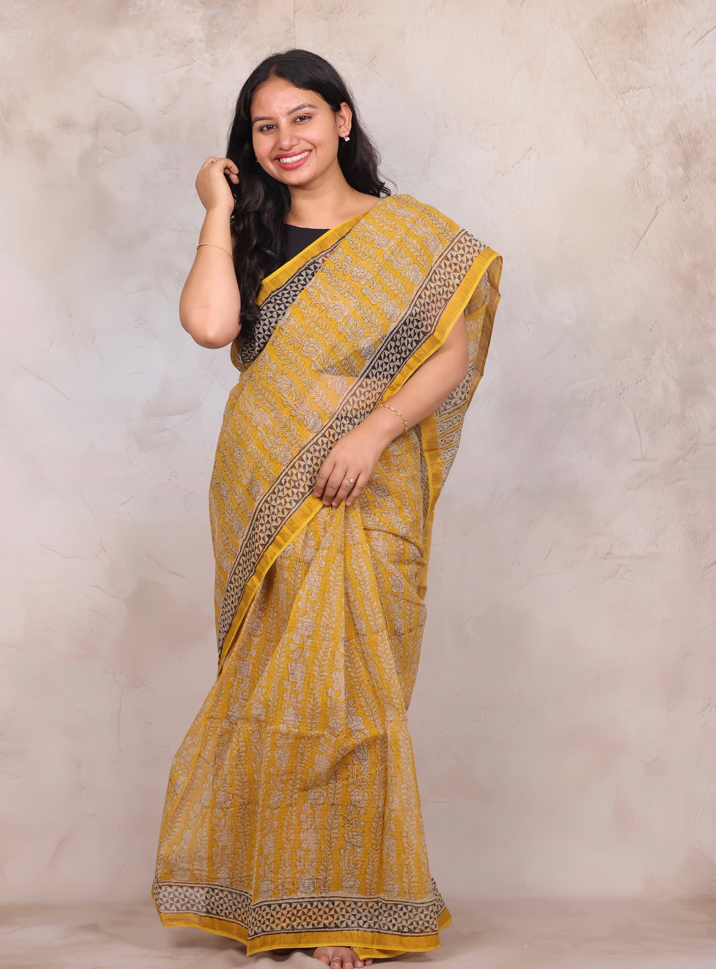Yellow Pure Kota Doria Saree with Bagru Handblock Prints | Looms & Tassels