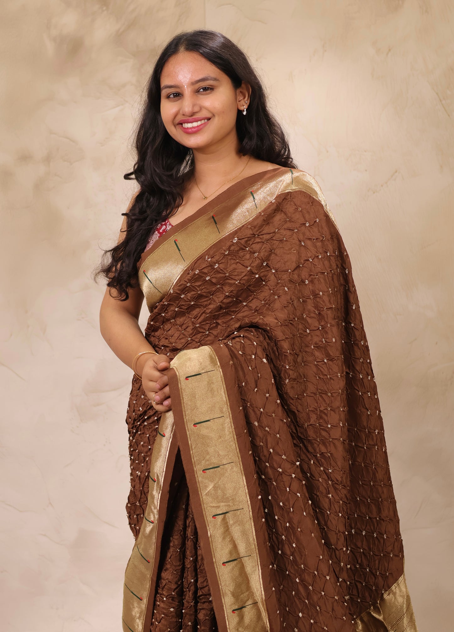Brown Handcrafted Bandhani Paithani Dola Silk Saree | Looms & Tassels