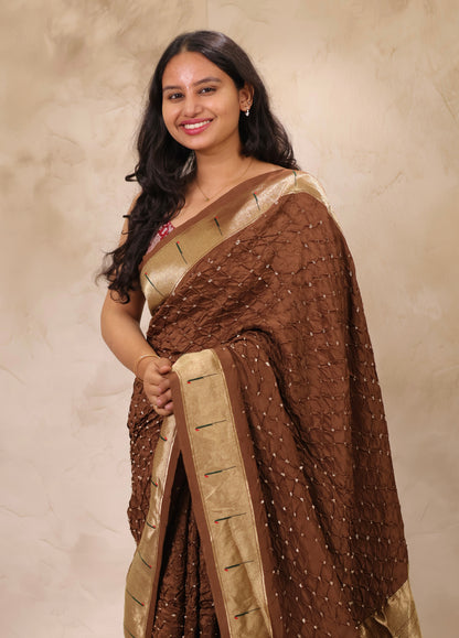 Brown Handcrafted Bandhani Paithani Dola Silk Saree | Looms & Tassels
