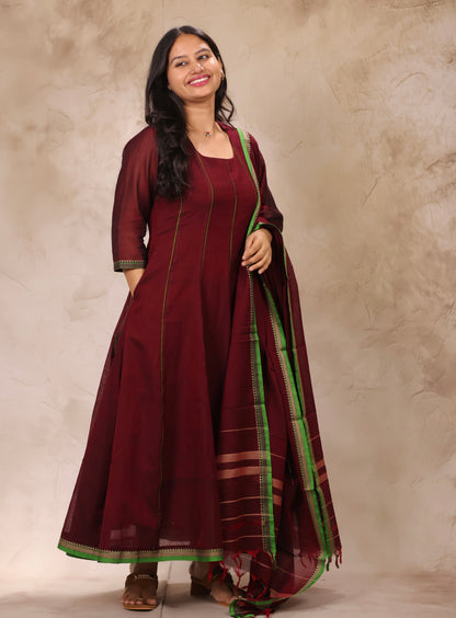 Maroon Narayanpet Cotton Anarkali Dress with Narayanpet Dupatta | Looms & Tassels