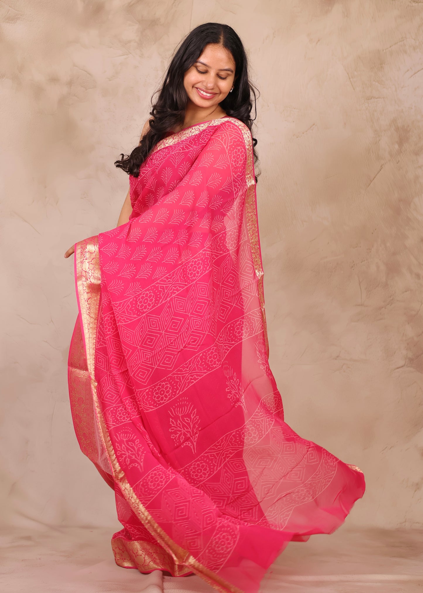 Pink Chiffon Hand Block Printed Saree with Jari Border | Looms & Tassels