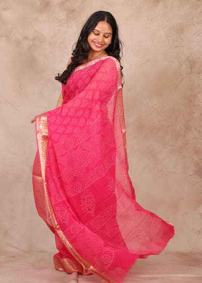 Pink Chiffon Hand Block Printed Saree with Jari Border | Looms & Tassels