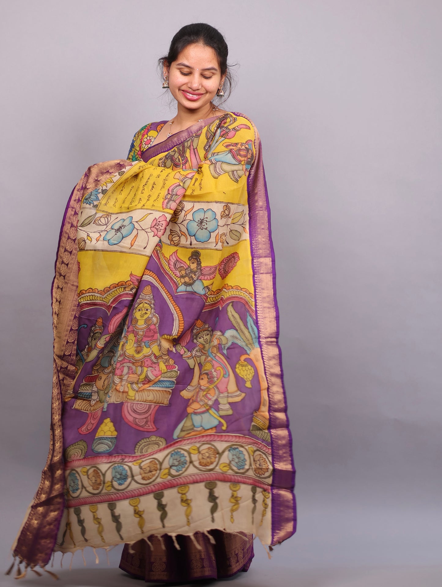 Yellow Hand Painted Pen Kalamkari Silk Saree