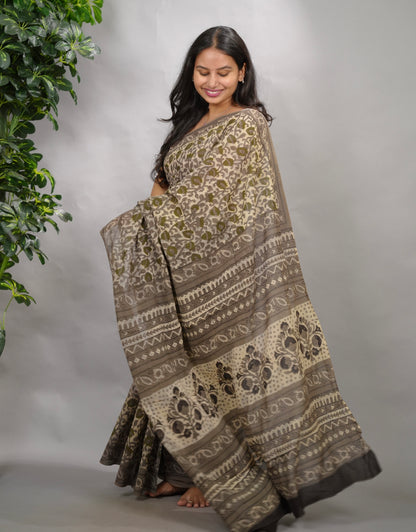 Grey Georgette Hand Block Printed Saree| Looms & Tassels