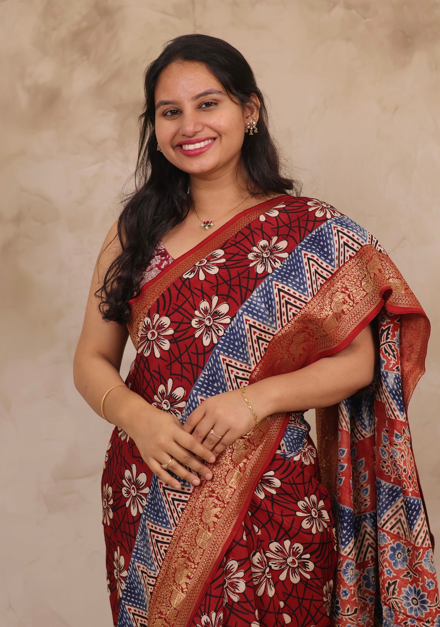 Floral Ajrakh Handblock printed Dola Silk Saree | Looms & Tassels