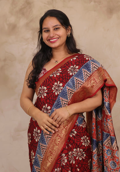 Floral Ajrakh Handblock printed Dola Silk Saree | Looms & Tassels