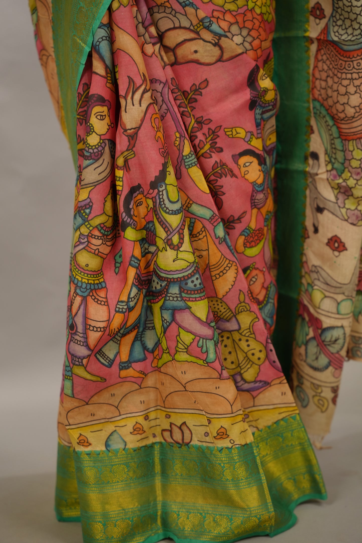 Pink Hand Drawn Pen Kalamkari Bangalore Silk Kanchi Border Saree | Looms & Tassels