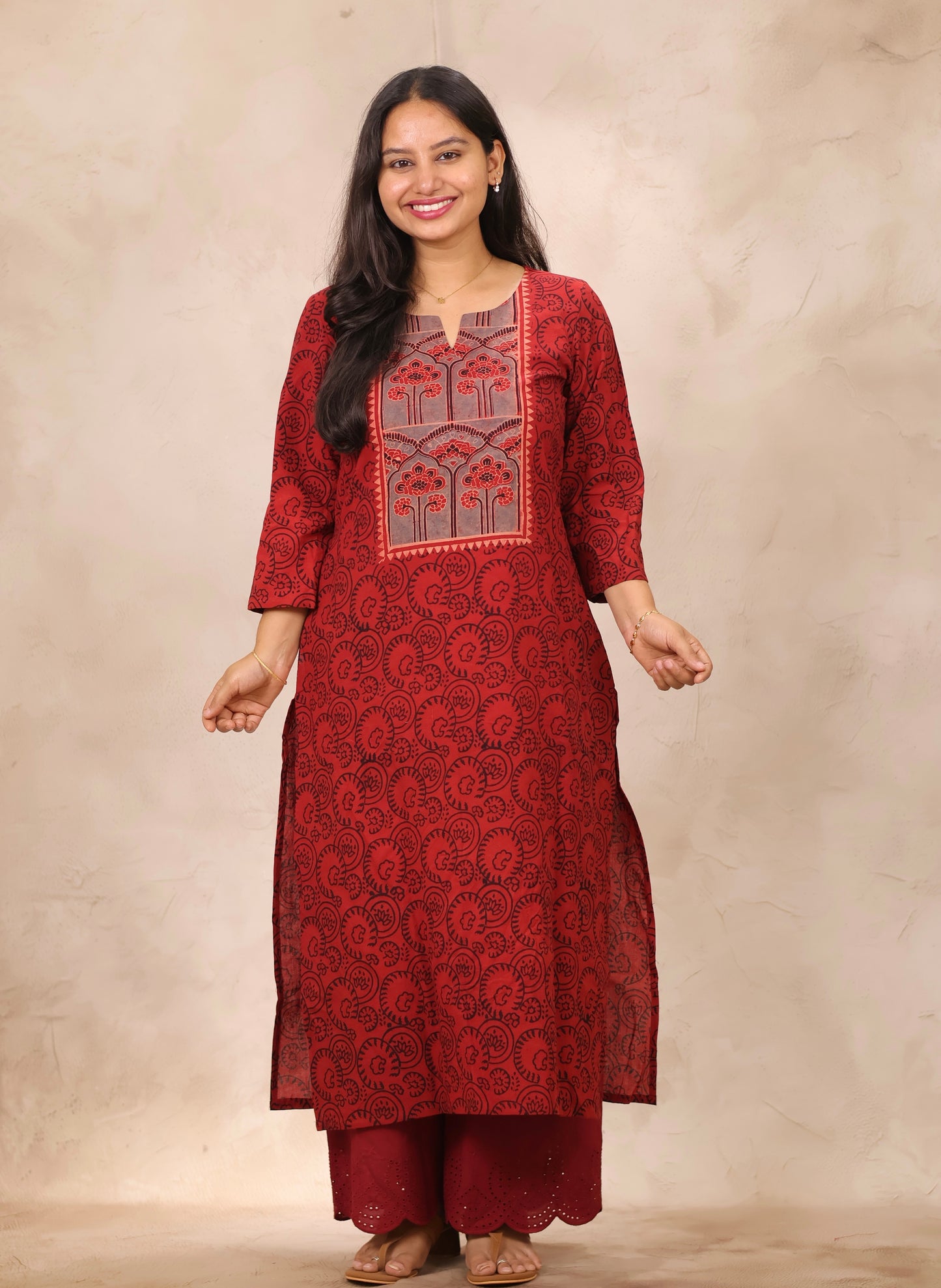 Red & Black Ajrakh Pattern Hand Block Cotton printed Kurti | Looms & Tassels