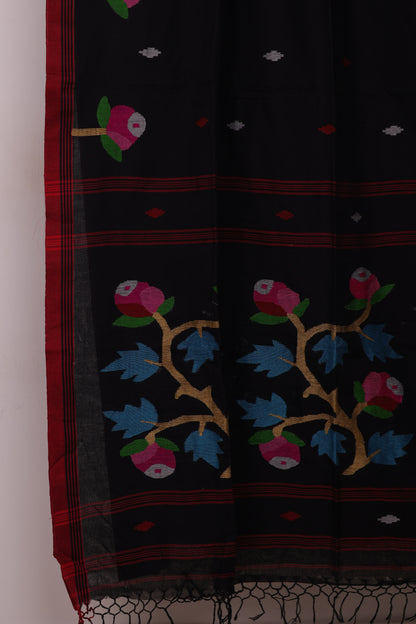 Black Pure Handwoven Jamdhani Malai Cotton Saree