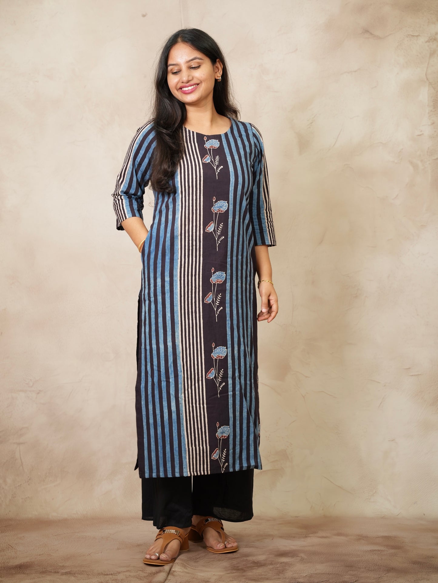 Blue & Black Ajrakh Pattern Hand Block printed Kurti | Looms & Tassels