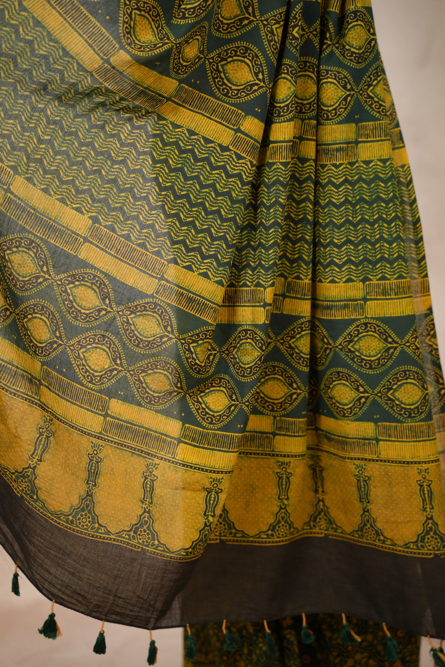 Green Ajrakh Hand Block Printed Cotton Saree | Looms & Tassels