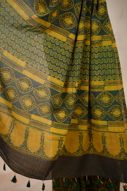 Green Ajrakh Hand Block Printed Cotton Saree | Looms & Tassels