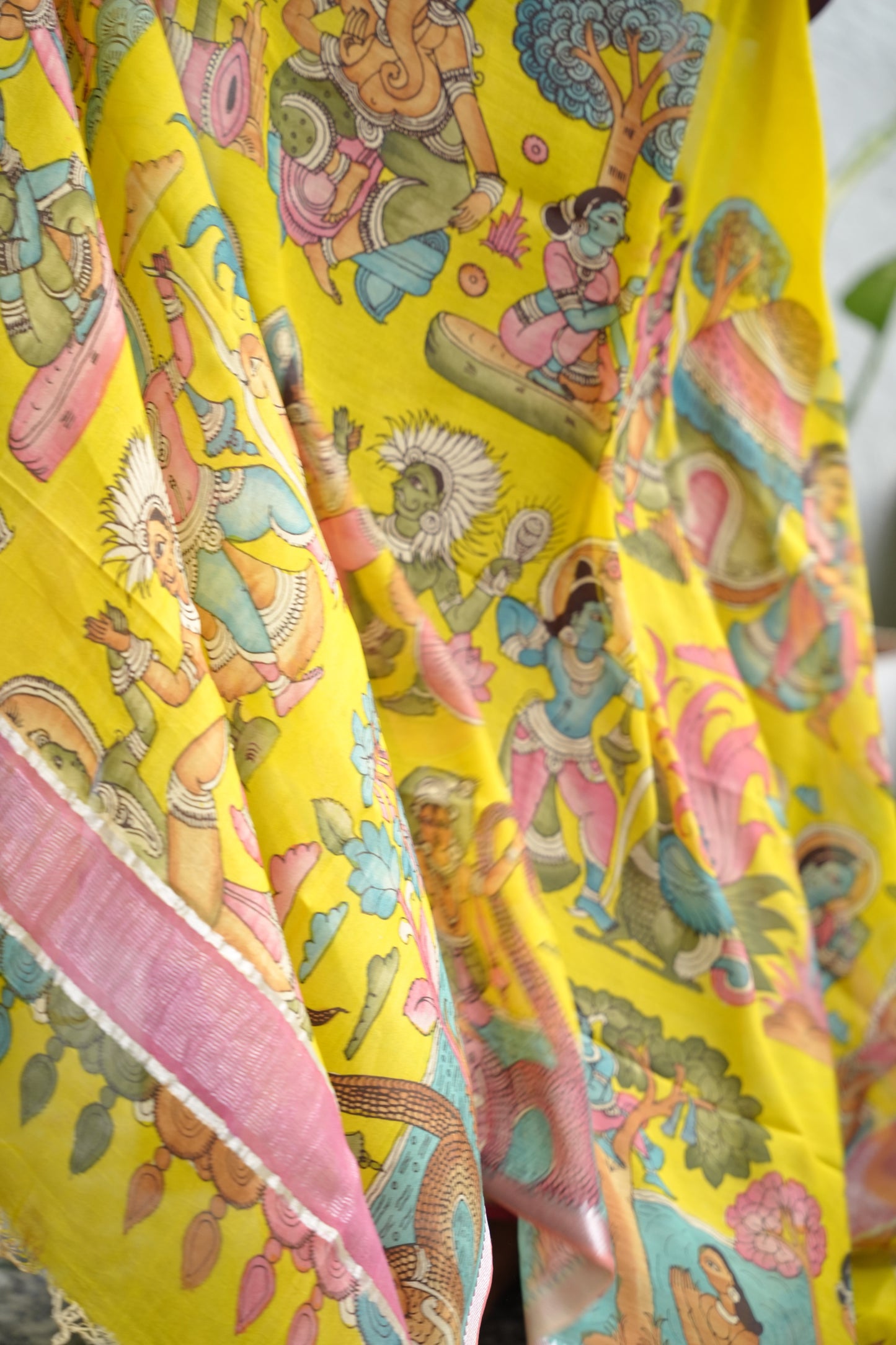 Yellow Pen Kalamkari Mangalagiri silk Dupatta