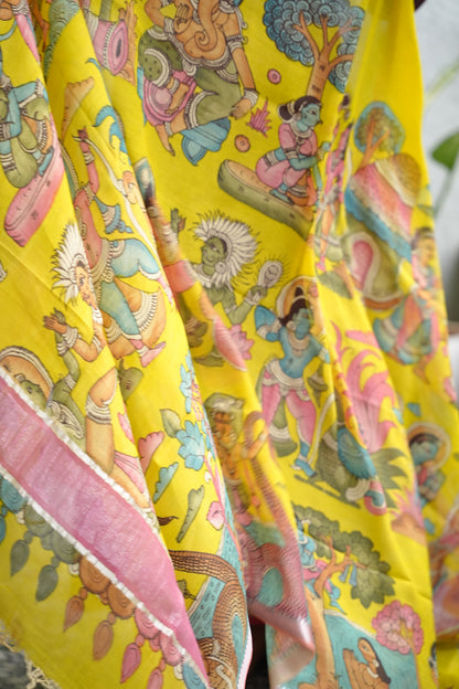 Yellow Pen Kalamkari Mangalagiri silk Dupatta