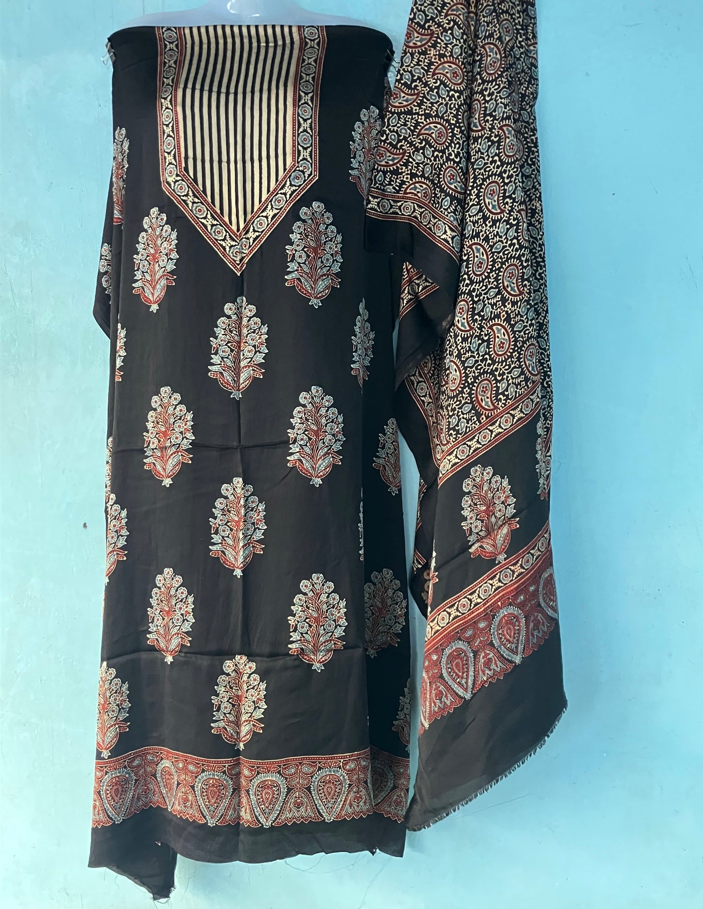 Black Floral Motifs Ajrakh Handblock Printed Modal Silk 2 Piece Suit Set