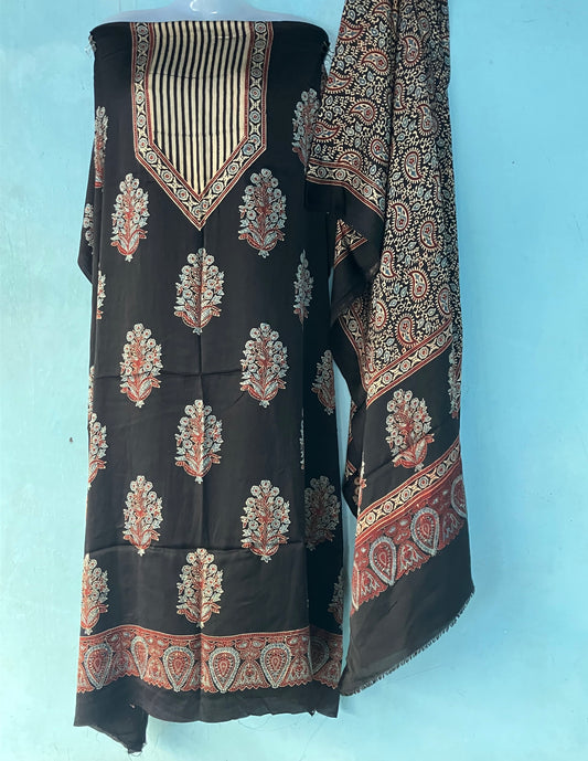 Black Floral Motifs Ajrakh Handblock Printed Modal Silk 2 Piece Suit Set